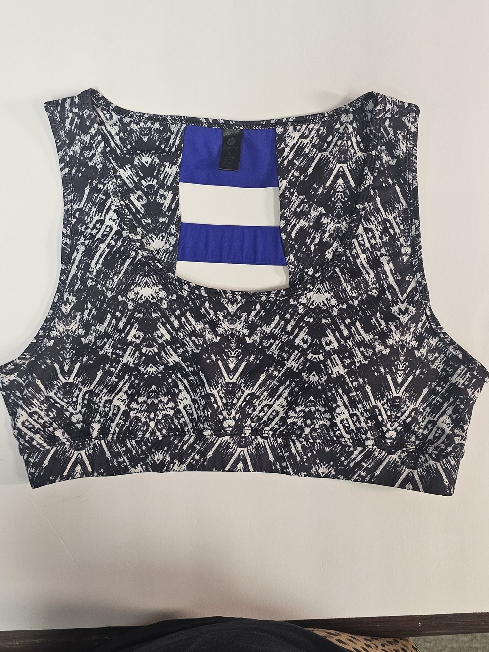 Abstract Black & White Crop Top with Blue Stripe Back